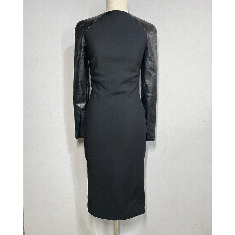 Ralph Lauren Collection Dress Women 2 Black Wool Knee Length Lamb Leather Runway